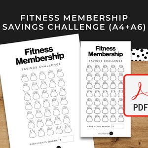 Fitness Mitgliedsspar-Challenge - A6 + A4 druckbare PDF herunterladbar - Minimales Design, Budget, Geld sparen, sinkende Mittel, Fitnessstudio, Übung