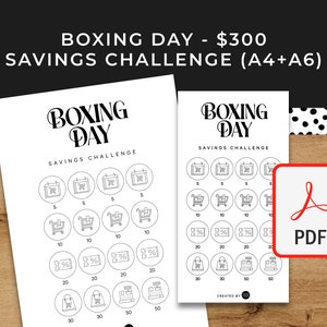 Boxing Day Sales Savings Challenge - A6 + A4 Printable PDF Downloadable - Minimal Design - Budget, Sinking Funds, Savings