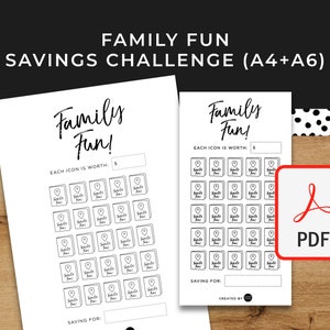 Family Fun Savings Challenge - A6 + A4 Printable PDF Downloadable - Minimal Design - Budget, Sinking Funds, Savings, Minimal Cash Envelopes