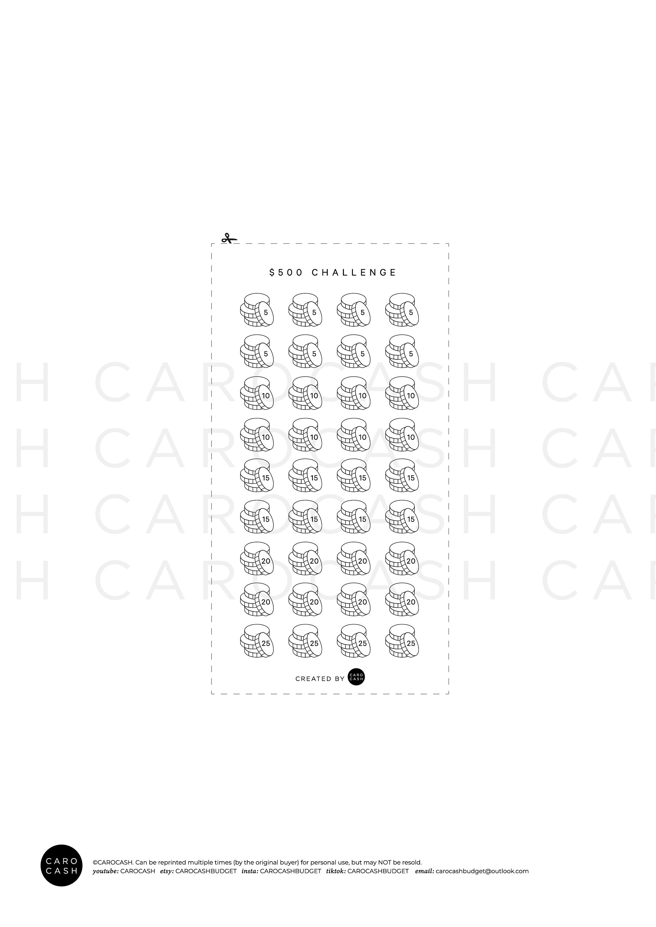 500 貯金チャレンジ - 500 - A6 + A4 印刷可能 PDF ダウンロード可能 - ミニマル デザイン -  予算、お金の節約、積立金、貯蓄基金 - Etsy 日本