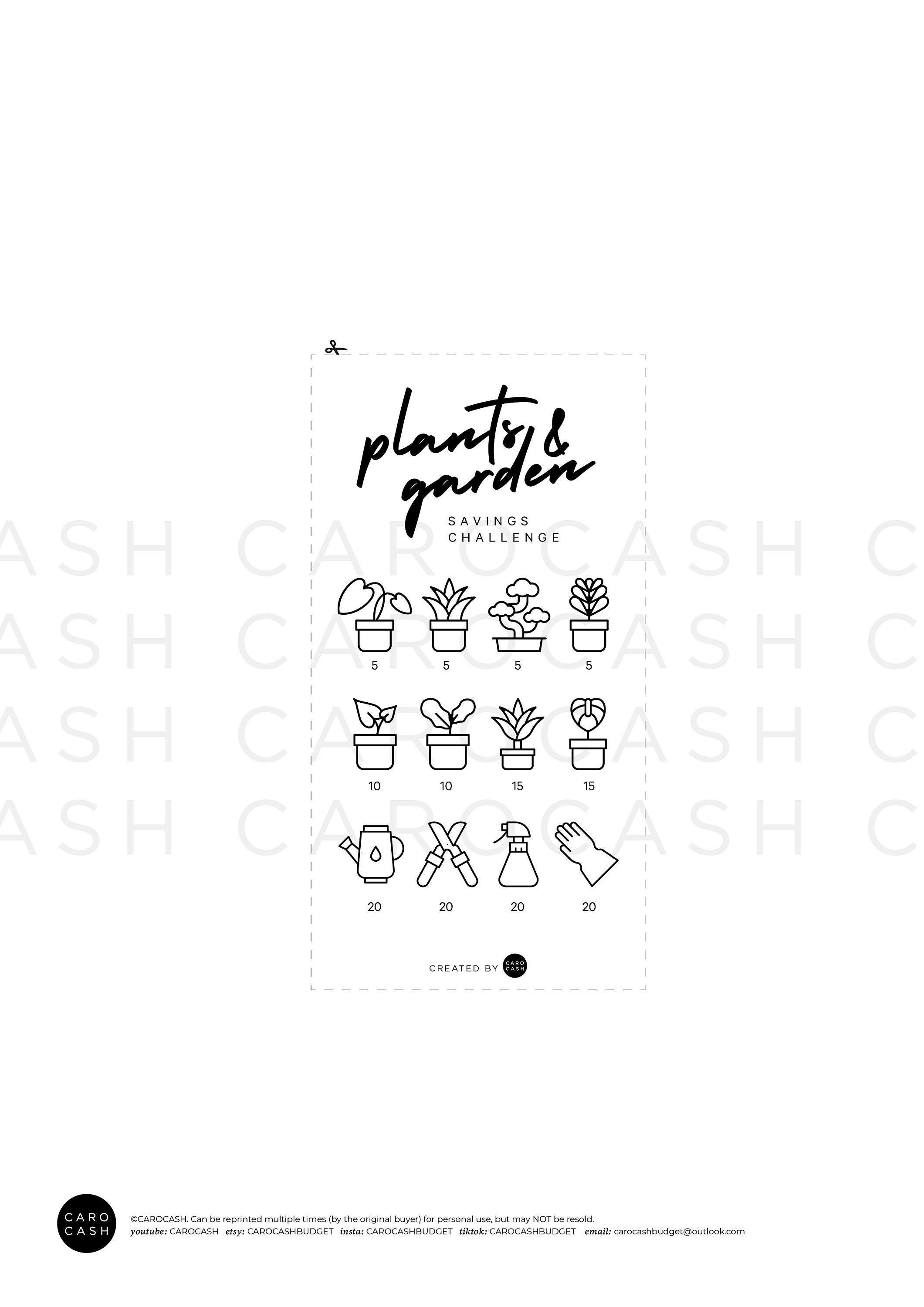 植物と庭の節約チャレンジ - A6 + A4 印刷可能 PDF ダウンロード可能 - ミニマルデザイン - 予算、積立金、貯蓄、ガーデニング