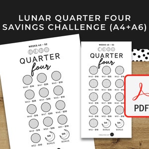 Puede incluir: Desafío de ahorro imprimible en blanco y negro con el texto "Lunar Quarter Four Savings Challenge" y "Quarter Four". Incluye un icono PDF. El diseño presenta círculos para rastrear los objetivos de ahorro.