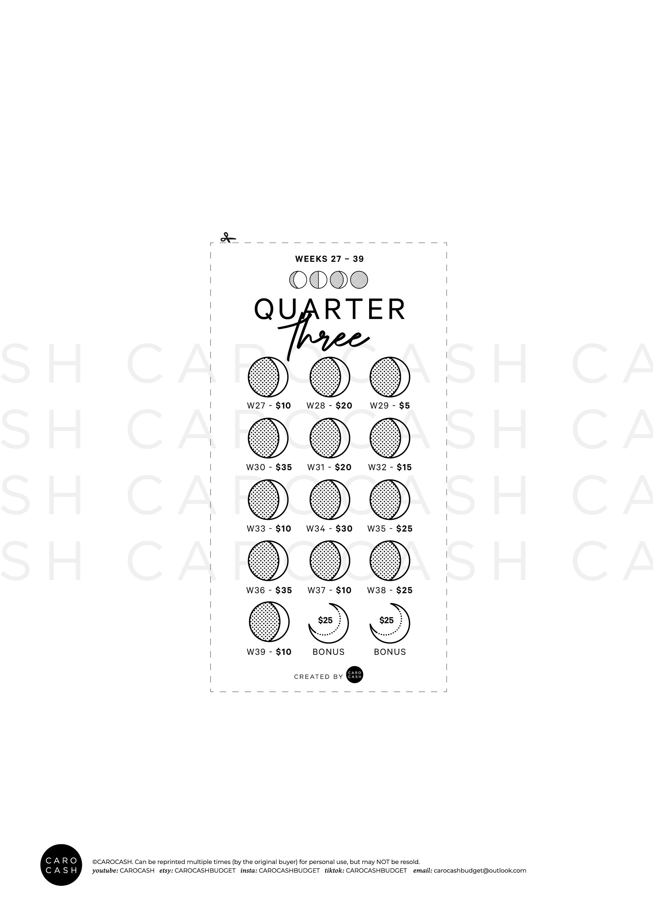 LUNAR 四半期 3 貯蓄チャレンジ 季節限定 - A6 + A4 印刷可能 PDF ダウンロード可能 - ミニマル デザイン - 予算、積立金、貯蓄