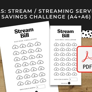 May include: Printable black and white savings challenge tracker with the title "Stream Bill Savings Challenge". The tracker features a grid of 40 cloud icons with a downward arrow, each representing a dollar amount saved. The text "Each icon is worth $___" is at the bottom of the page.