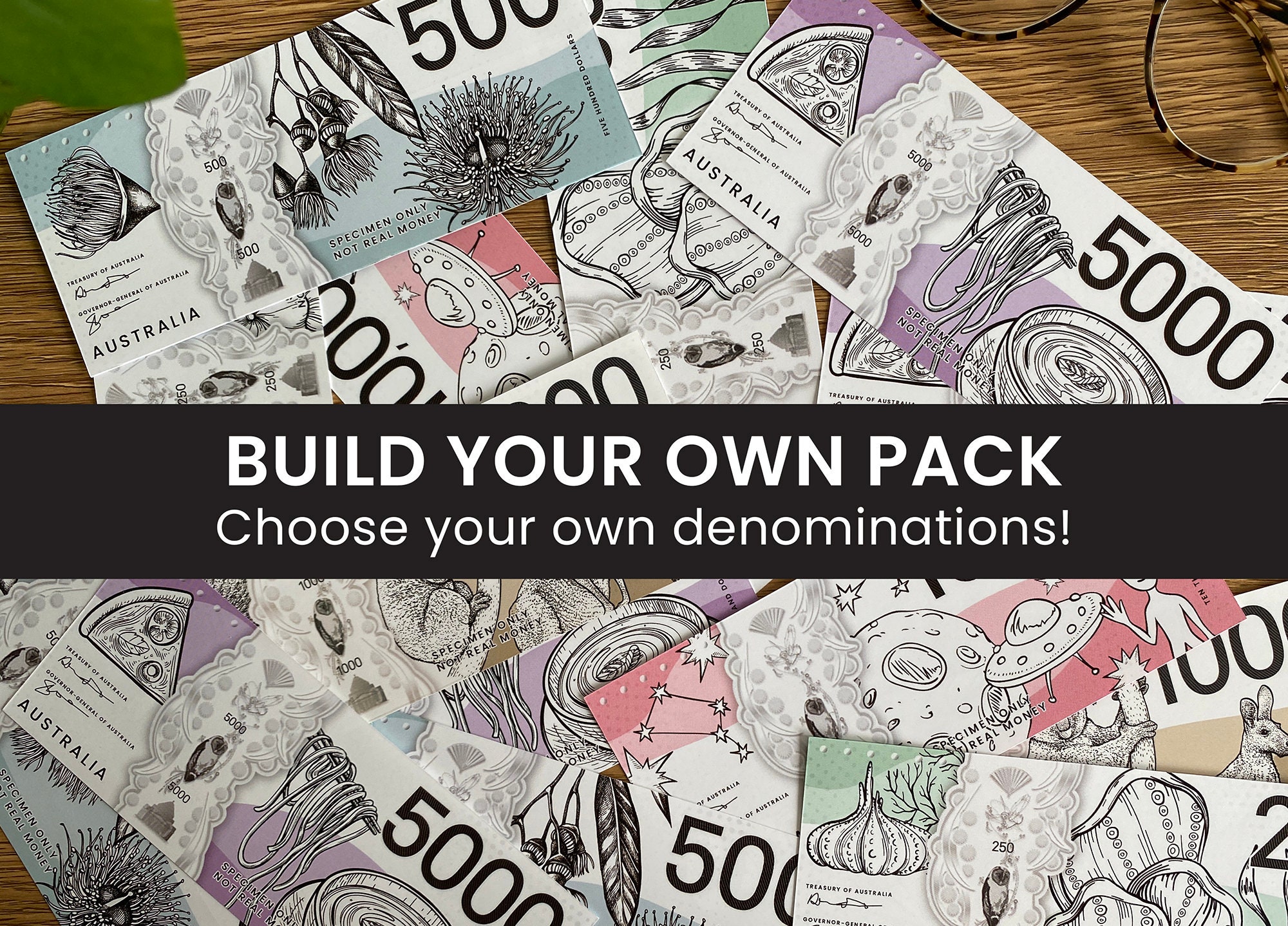 BUILD YOUR BUNDLE Banknotes Australian Bill Placeholders - 100/250/500/1000/1K dollars - Fake Money - Cash Envelopes - Sinking Funds