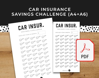 May include: Printable car insurance savings challenge tracker. The printable features a grid of 100 key icons. Each key icon represents a savings goal. The printable is designed to be used as a visual motivator to save money on car insurance.