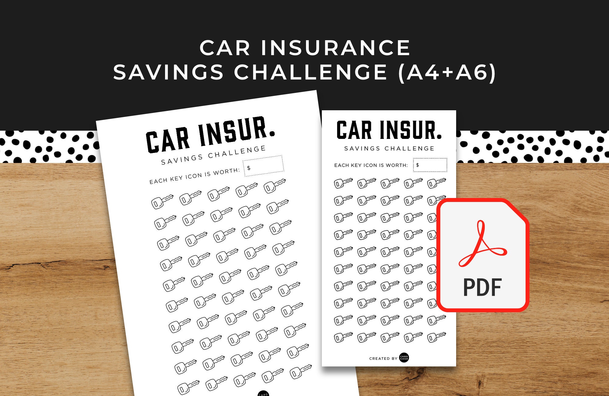 自動車保険節約チャレンジ - A6 + A4 印刷可能 PDF ダウンロード可能 - ミニマルデザイン - 予算、積立金、貯蓄、