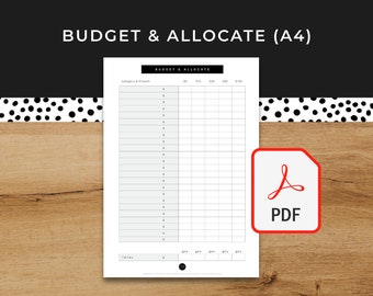 May include: A printable budget and allocate worksheet in PDF format. The worksheet has a column for categories and amounts, and a grid for allocating funds across different categories.