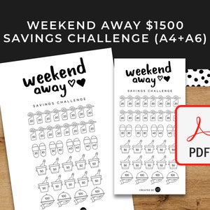 Weekend Away 1500 Savings Challenge - A6 + A4 Printable PDF Downloadable - Minimal Design - Budget, Save Money, Sinking Funds, Savings Fund
