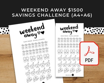 Weekend Away 1500 Savings Challenge - A6 + A4 Printable PDF Downloadable - Minimal Design - Budget, Save Money, Sinking Funds, Savings Fund