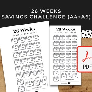 26 Wochen Spar-Challenge - A6 + A4 Druckbare PDF Herunterladbar - Minimales Design - Budget, sinkende Mittel, Ersparnisse,