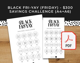 Puede incluir: Desafío de ahorro para el Black Friday imprimible en blanco y negro con un objetivo de 300 €. El imprimible incluye iconos para el calendario, el carrito de compras, el signo de porcentaje y la bolsa de compras. El imprimible está disponible en tamaños A4 y A6.