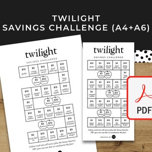 Puede incluir: Un juego de desafío de ahorro imprimible con personajes de la saga Crepúsculo. El tablero del juego es en blanco y negro y presenta una cuadrícula con diferentes cantidades de dinero y personajes de la saga Crepúsculo. El juego está diseñado para ayudar a las personas a ahorrar dinero.