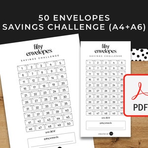 50 Envelopes Savings Challenge - A6 + A4 Printable PDF Downloadable - Minimal Design - Budget, Sinking Funds, Savings,
