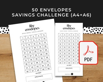 50 Envelopes Savings Challenge - A6 + A4 Printable PDF Downloadable - Minimal Design - Budget, Sinking Funds, Savings,
