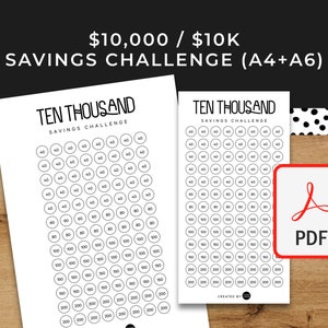 10,000 (10K) Savings Challenge - A6 + A4 Printable PDF Downloadable - Minimal Design - Budget, Sinking Funds, Savings,