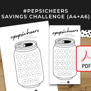 Könnte beinhalten: Ein druckbarer schwarz-weißer Spar-Challenge-Tracker in Form einer Getränkedose. Der Tracker ist mit "#pepsicheers savings challenge" beschriftet.