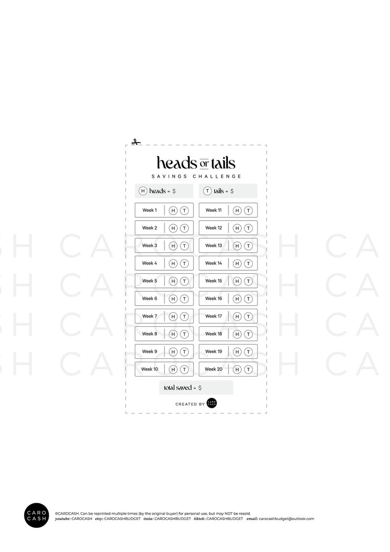 Heads or Tails Savings Challenge Coin Toss A6 A4 Printable - Etsy