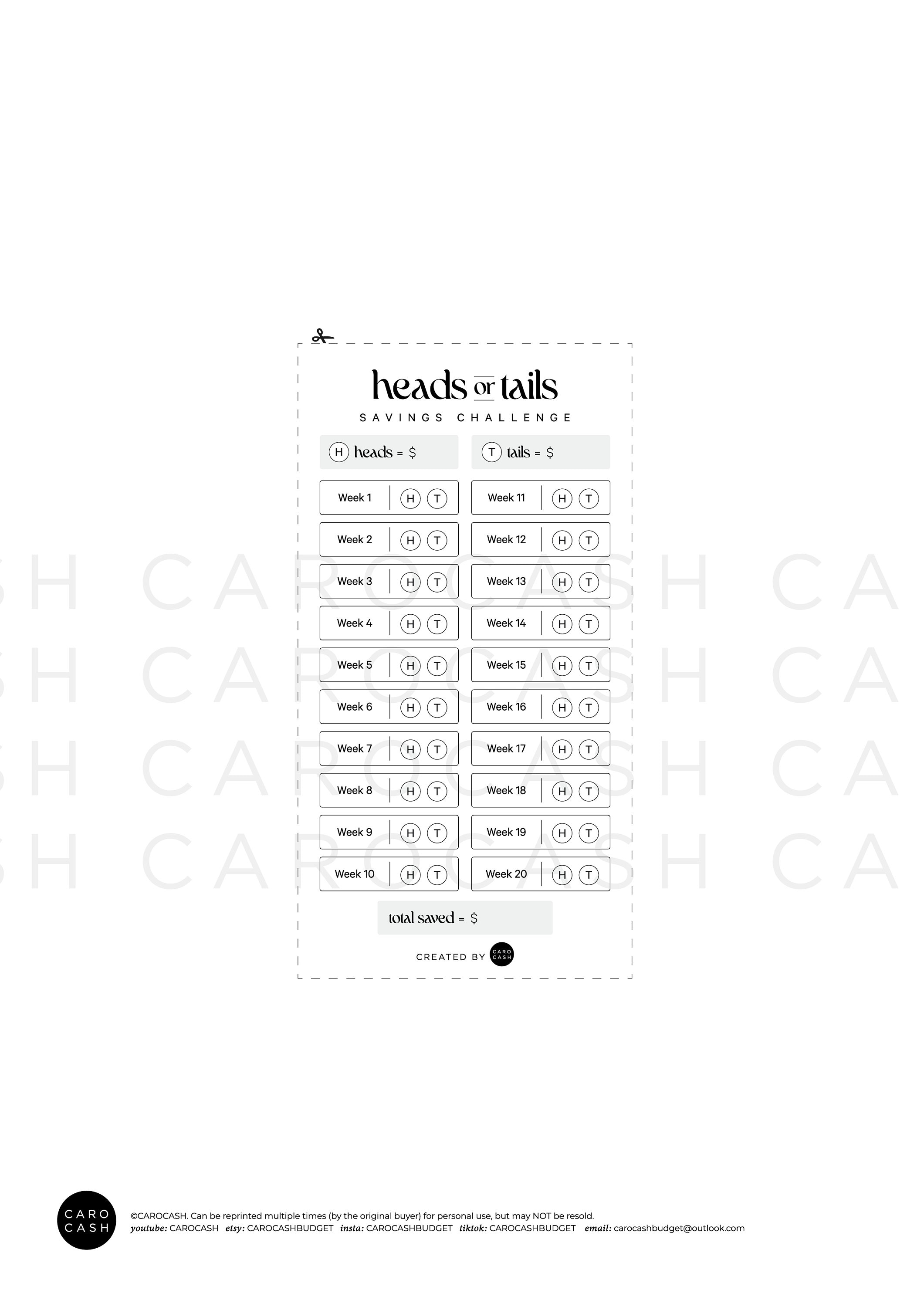 Heads or Tails Savings Challenge Coin Toss A6 A4 Printable Etsy Australia