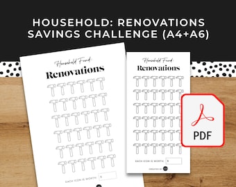 May include: A printable savings challenge tracker for home renovations. The tracker features a grid of 50 hammer icons. Each icon represents a set amount of money saved towards a renovation project. The text "Household Fund: Renovations" is at the top of the page.