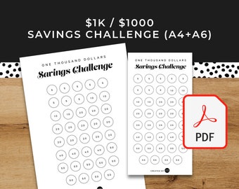 1000 Savings Challenge - 1K Thousand - A6 + A4 Printable PDF Downloadable - Minimal Design - Budget, Save Money, Sinking Funds, Savings Fund