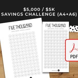 5000 (5K) Savings Challenge - A6 + A4 Printable PDF Downloadable - Minimal Design - Budget, Sinking Funds, Savings,