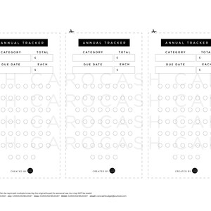 May include: Three white annual tracker sheets with black text. Each sheet has sections for category, total, due date, and each. The bottom of each sheet has a series of circles for tracking. The text "ANNUAL TRACKER" is at the top.