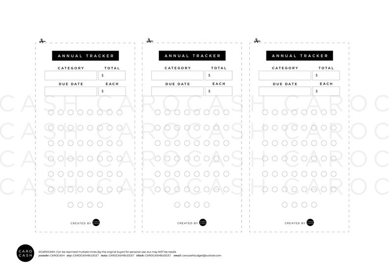 May include: Three white annual tracker sheets with black text. Each sheet has sections for category, total, due date, and each. The bottom of each sheet has a series of circles for tracking. The text "ANNUAL TRACKER" is at the top.