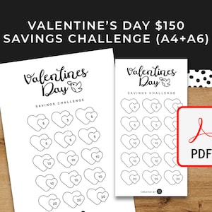 Valentines Day 150 Savings Challenge - A6 + A4 Printable PDF Downloadable - Minimal Design - Budget, Sinking Funds, Savings, Love