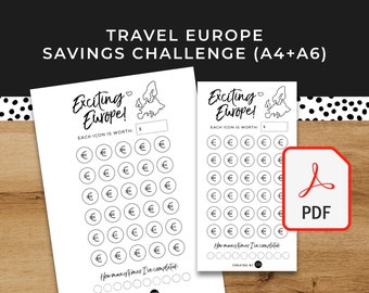 Könnte beinhalten: Ein druckbarer Spar-Tracker für eine Reise nach Europa. Der Tracker zeigt eine Karte von Europa und ein Raster mit Euro-Symbolen. Der Text "Exciting Europe!" befindet sich oben auf der Seite. Der Text "Jedes Symbol ist wert: ____ €" befindet sich unter der Karte. Der Text "Wie oft habe ich abgeschlossen: ____" befindet sich unten auf der Seite.