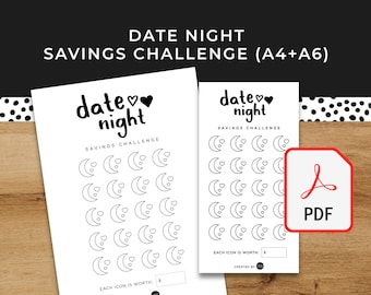 Date Night Savings Challenge - A6 + A4 druckbare PDF herunterladbar - Minimal Design - Budget, Geld sparen, Sinkgelder, Sparkasse