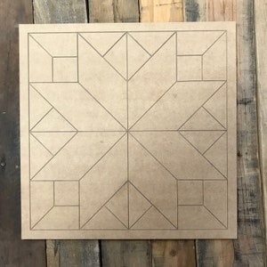 May include: A brown wooden board with a geometric pattern drawn on it. The pattern is made up of squares, triangles, and diamonds.