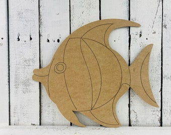 Striped Angel Fish, Aquatic Shape Unfinished Wood Cutout, Paint by Line BAC