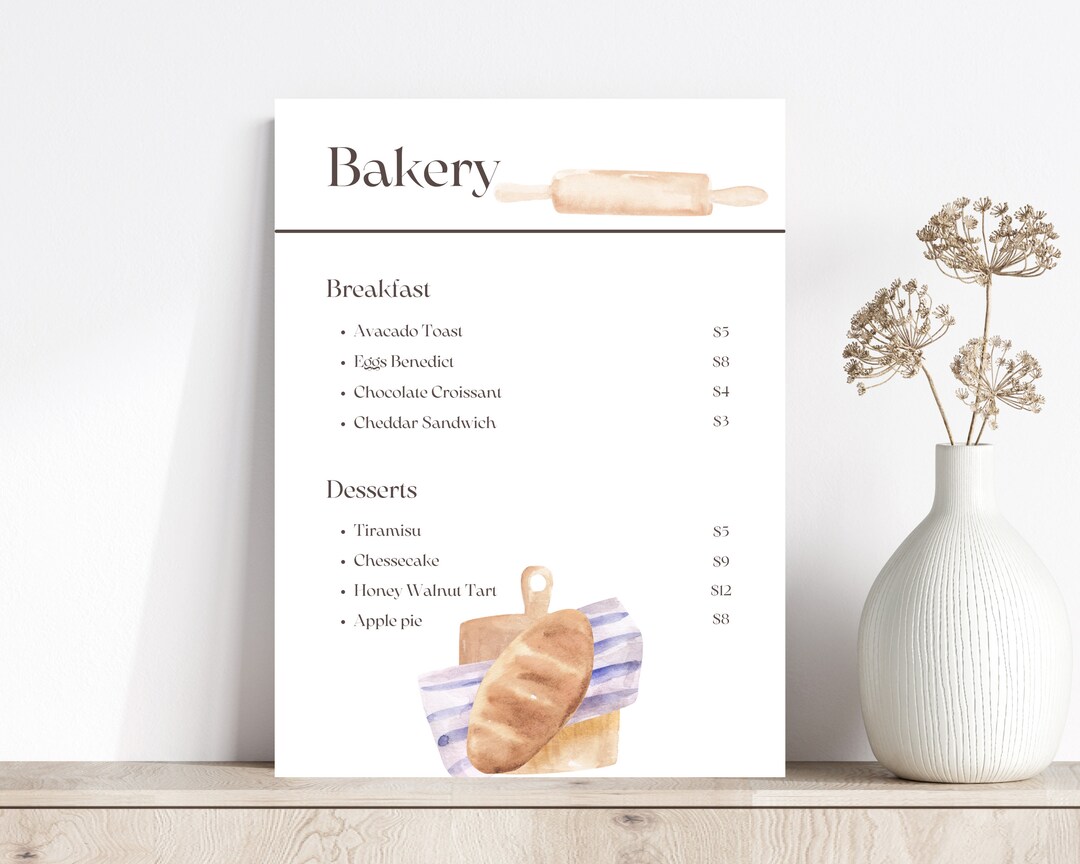 Bakery Menu Price List Editable Template Printable Menus Etsy