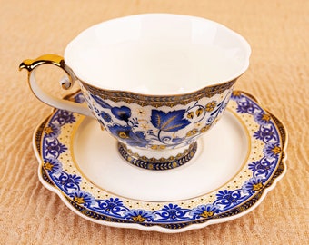 Vintage England Flower Bone China Blue Brown Teacup & Saucer Spoon Set Gracie Bone China Gold Rimmed Footed Teacup Gift Box Free Shipping