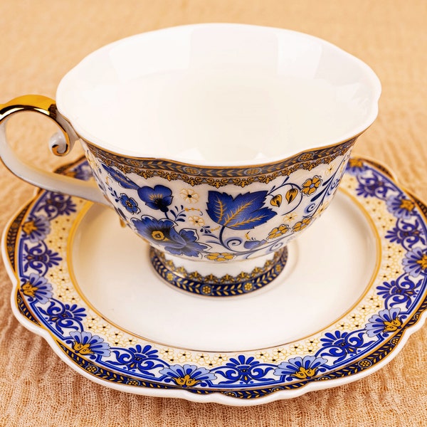 Vintage England Flower Bone China Blue Brown Teacup & Saucer Spoon Set Gracie Bone China Gold Rimmed Footed Teacup Gift Box Free Shipping