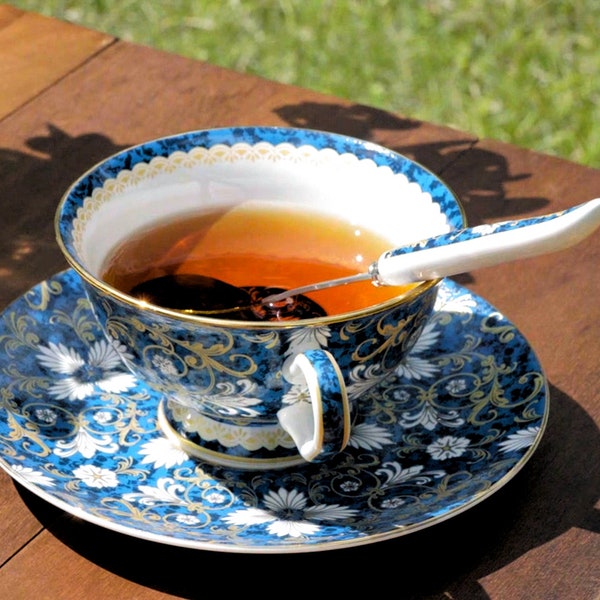 Vintage England Flower Bone China Blue Teacup & Saucer Spoon Set Japanese Gracie Bone China Gold Rimmed Footed Teacup Gift Box Free Shipping