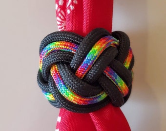 Rainbow and Black Neckerchief Slide, Woggle Knot, Scout Neckerchief Slide Knot