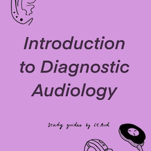 May include: A purple background with the text "Introduction to Diagnostic Audiology" and the text "Study guides by LK.Aud" in cursive.  There is a drawing of an ear at the top of the page and a drawing of a hearing aid and a microphone at the bottom of the page.
