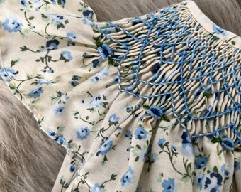 Hand smocked girls blue floral bishops dress - age 12-18 months - 10011