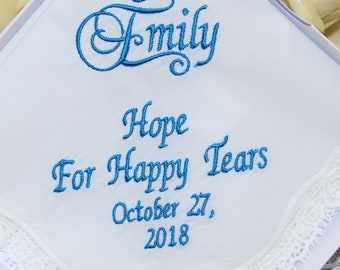 Personalized Mother of the Groom/Bride Embroidered Lace Handkerchief - Handmade Hankies for happy tear - Unique Hanky with Name & Date,