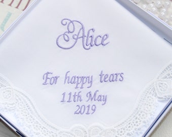 Personalized Mother of the Groom/Bride Embroidered Lace Handkerchief - Handmade Hankies for happy tear - Unique Hanky with Name & Date=