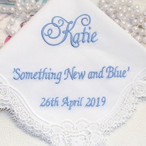 Custom Cotton Handkerchief with Personalized Embroidery - Name & Date - Handmade Lace Hanky for Wedding, Birthday, or Best Friend Gift