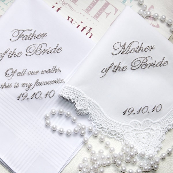 Personalized Name Handkerchief / Embroidered Set of 2 Mother Of The Bride Mom Dad Gift  100% Cotton Handkerchiefs / White Personalized Hake