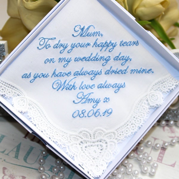 Personalized Mother of the Groom/Bride Embroidered Lace Handkerchief  Handmade Hankies for happy tear - Unique Hanky with Name & Date white#