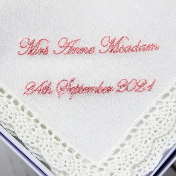 Personalised Embroidered Lace Handkerchief - Custom Cotton Hanky with Name & Date - Handmade Hankies for Wedding/Birthday - Best Friend Gift