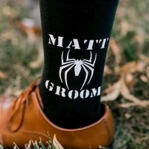 Wedding socks, superhero socks, black cotton socks, grooms wedding socks, wedding gifts, personalized socks father of the bride socks, bag