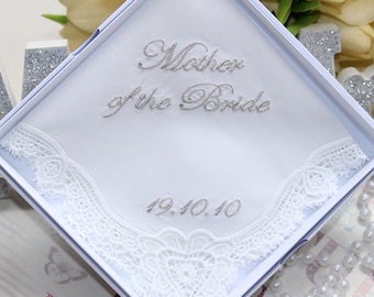 Personalized Mother of the Groom/Bride Embroidered Lace Handkerchief  Handmade Hankies for happy tear - Unique Hanky with Name & Date white