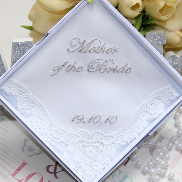 Personalized Mother of the Groom/Bride Embroidered Lace Handkerchief  Handmade Hankies for happy tear - Unique Hanky with Name & Date white