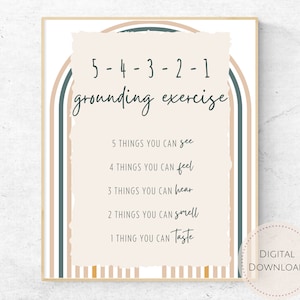 May include: Printable grounding exercise poster with a rainbow design in shades of pink, brown, and green. The poster features the text "5-4-3-2-1 grounding exercise" and a list of things to focus on: "5 things you can see", "4 things you can feel", "3 things you can hear", "2 things you can smell", and "1 thing you can taste".